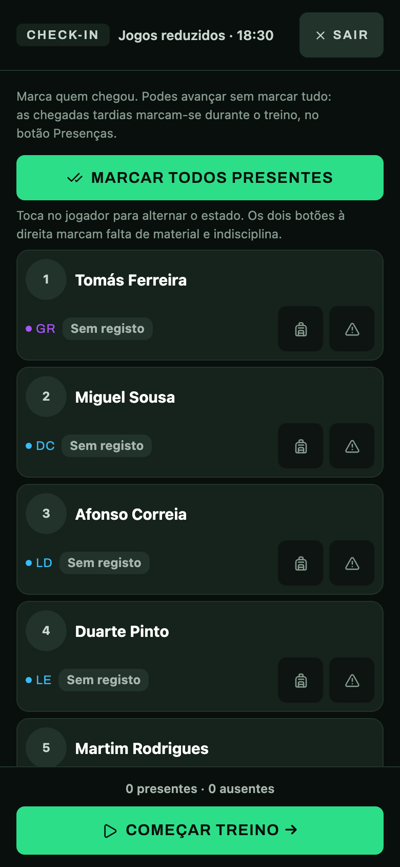 Começa o treino e marca presenças