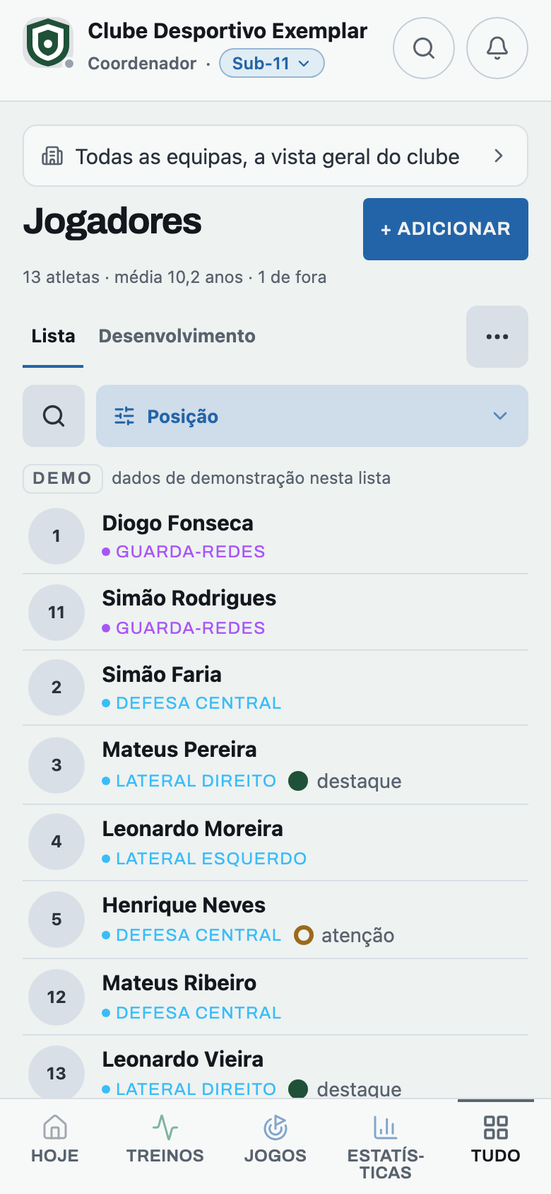 Vê os atletas de todos os plantéis