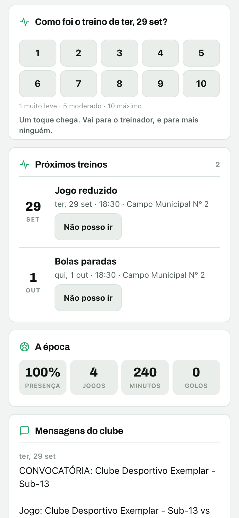 O portal da família: como foi o treino, de 1 a 10, e o botão Não posso ir em cada treino